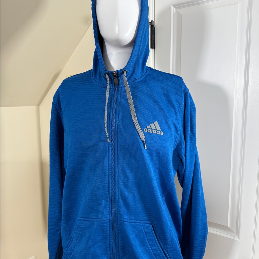 Adidas Blue Full Zip Hoodie 3 Stripe Hood Athletic Jacket